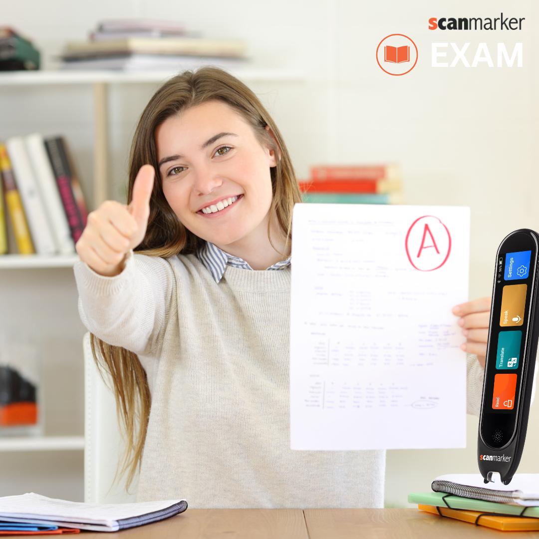A student happy got an A on an exam with exam pen