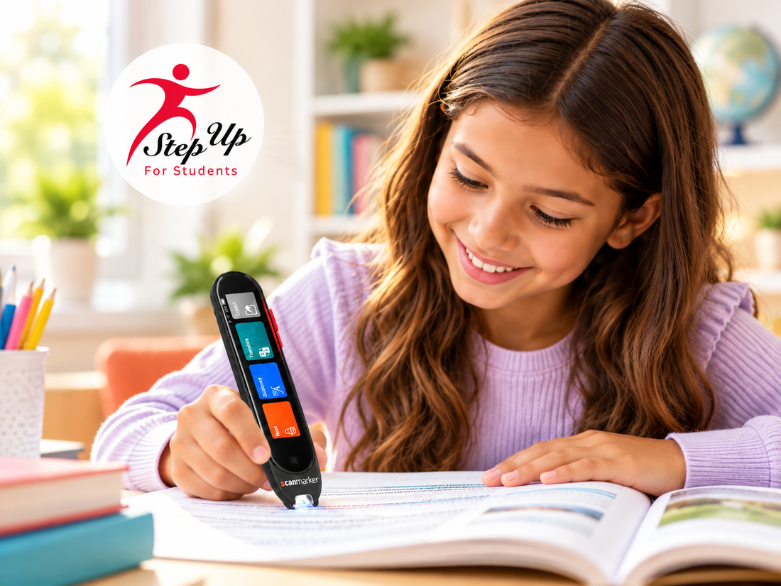 Student using Scanmarker Pro reading pen with Step Up for Students scholarship graphic