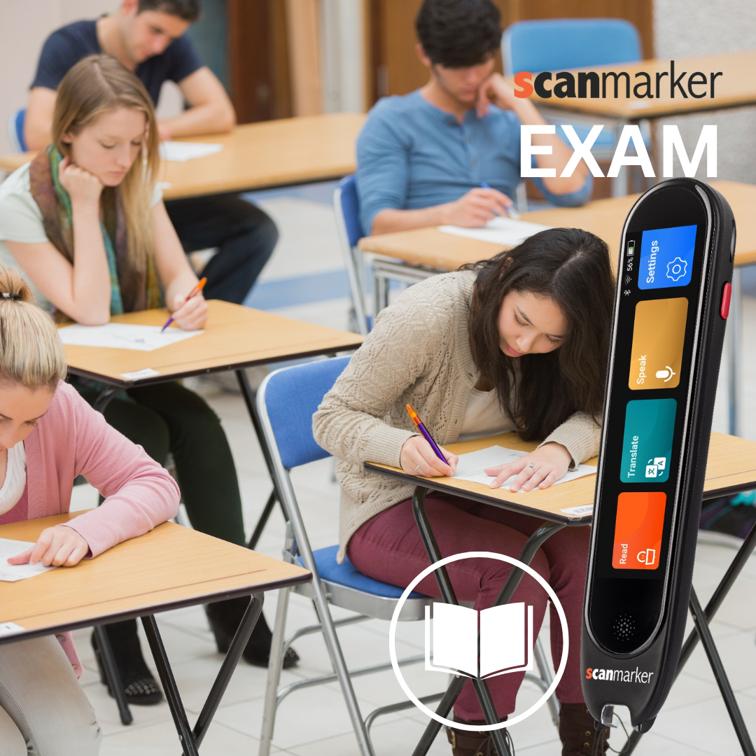 students taking exam in a room and the image of exam e