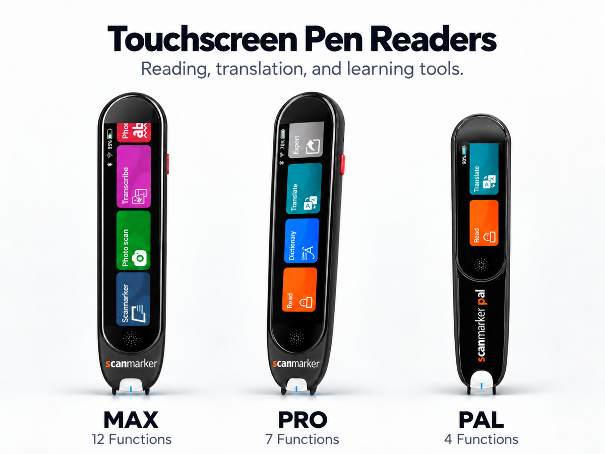 Scanmarker MAX 12 functions, Pro 7 functions and PAL 4 functions touchscreen reading pens